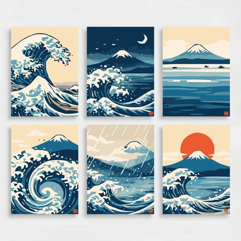 Japanese Waves and Mount Fuji - Mini Paint by Numbers Set
