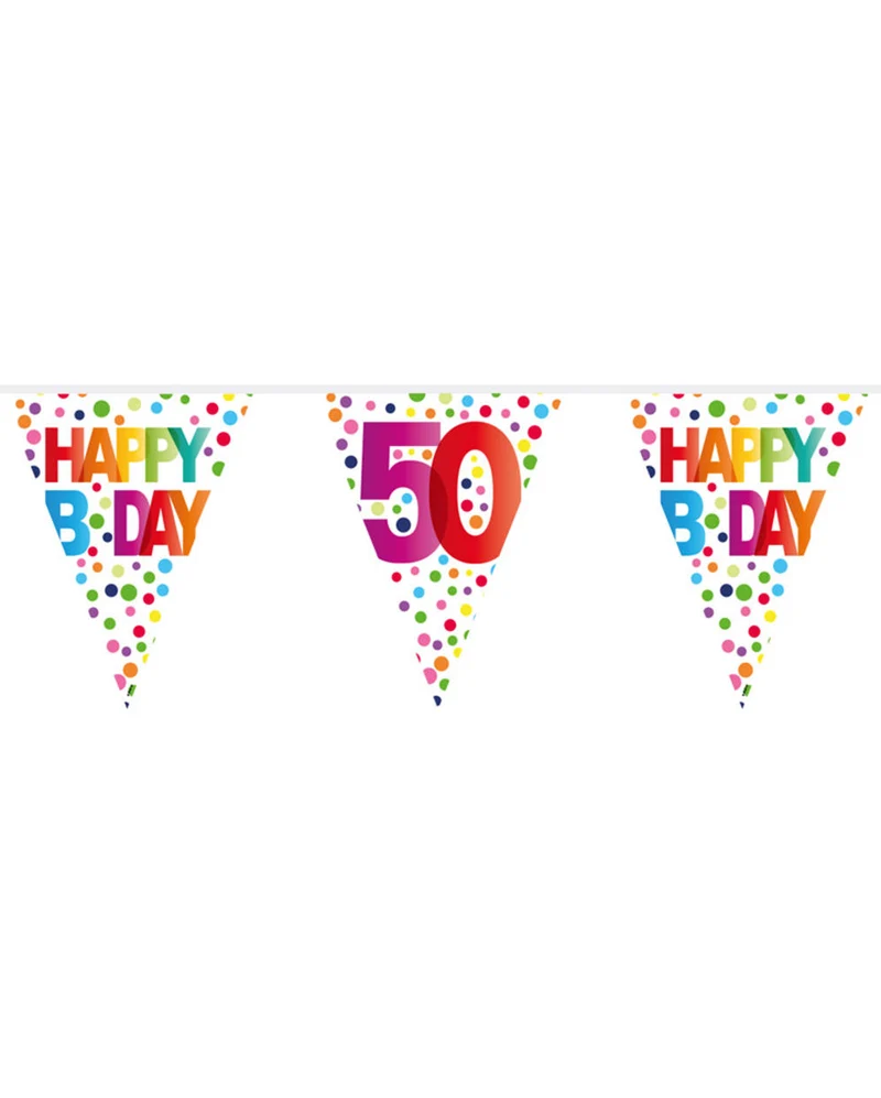 Farbenfrohe Happy B-Day 50 Wimpelgirlande 10m