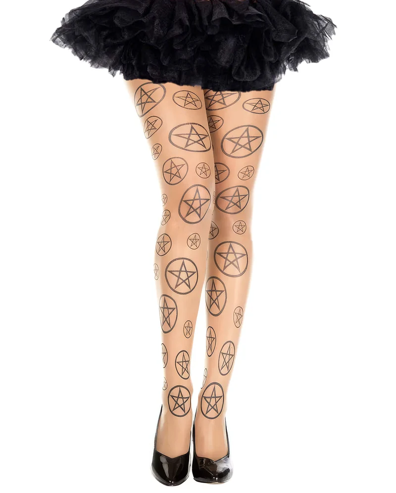 Beige Tattoo Strumpfhose mit Pentagramm