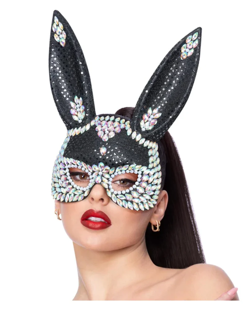 Schwarze Hasenmaske mit Glitzersteinen