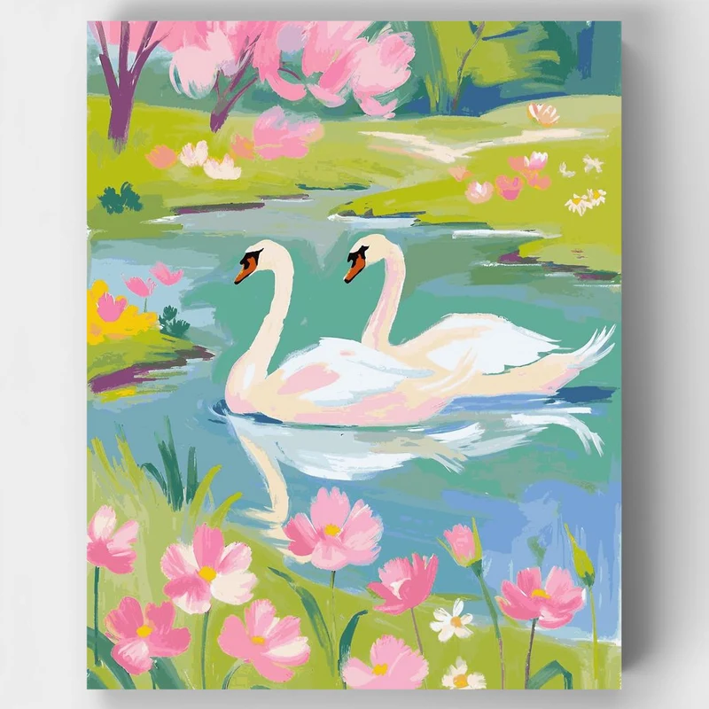 "Two Swans in a Spring Pond" Paint by Numbers Kit