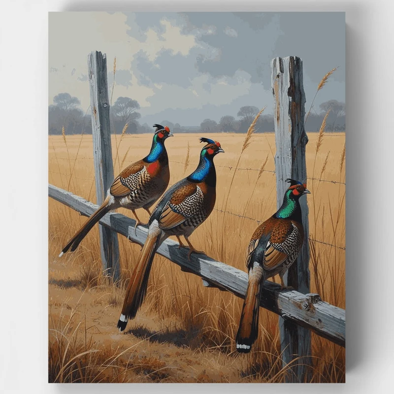 Three Pheasants on a Fence - Paint by Numbers Kit