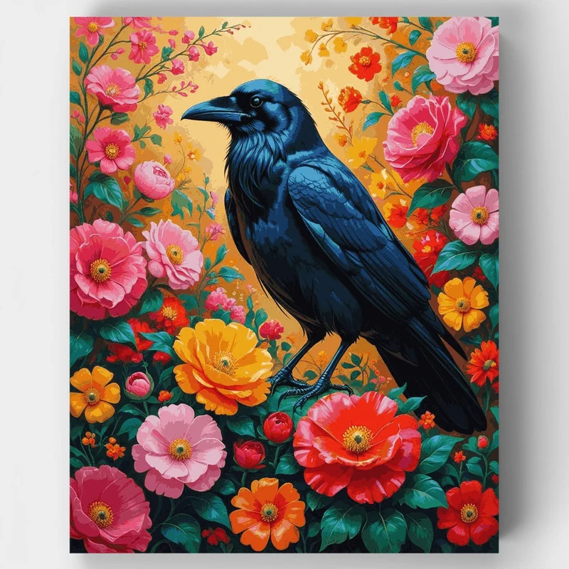 Blue Raven Among Vibrant Flowers - Paint by Numbers Kit