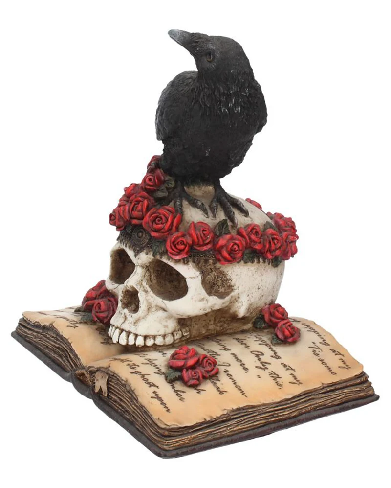 Rabe auf Totenkopf mit Rosen Figur 17cm