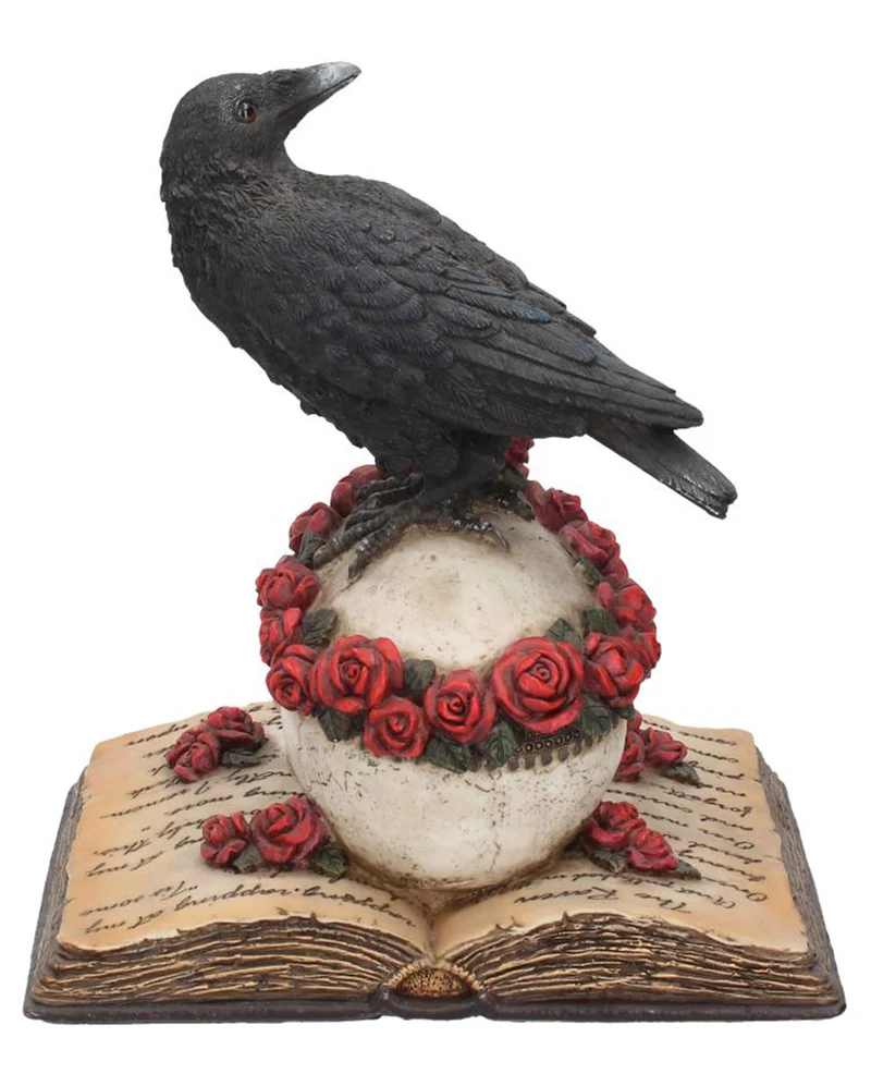 Rabe auf Totenkopf mit Rosen Figur 17cm