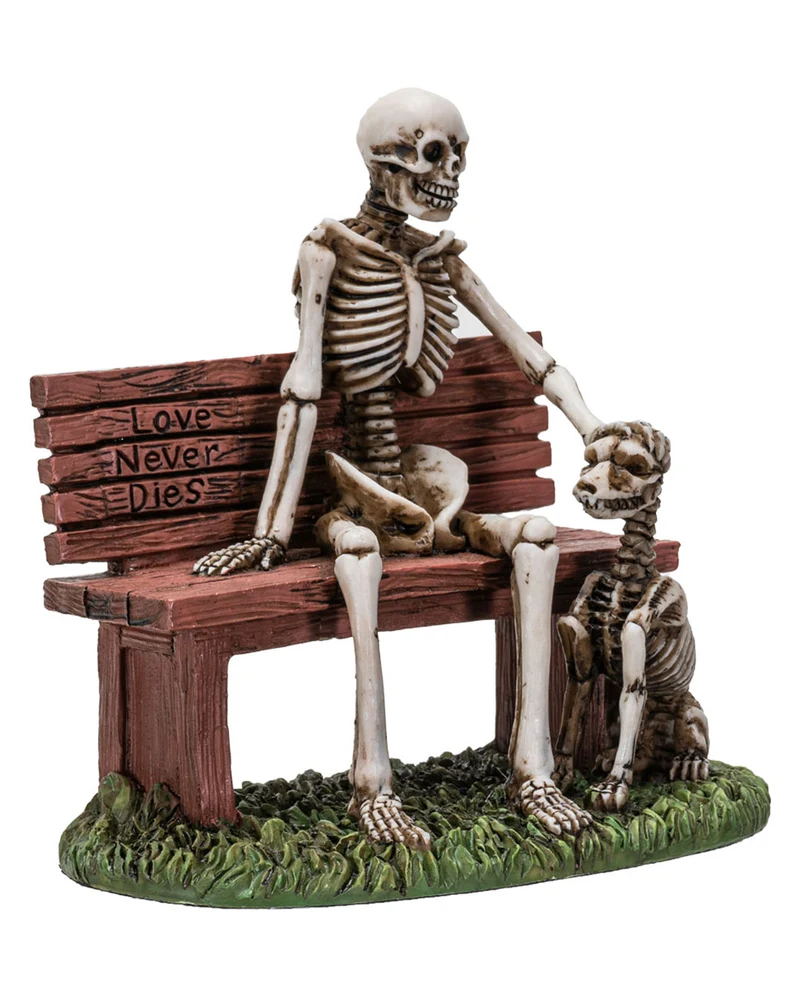 Skelett Figur auf Parkbank mit Hund 12cm