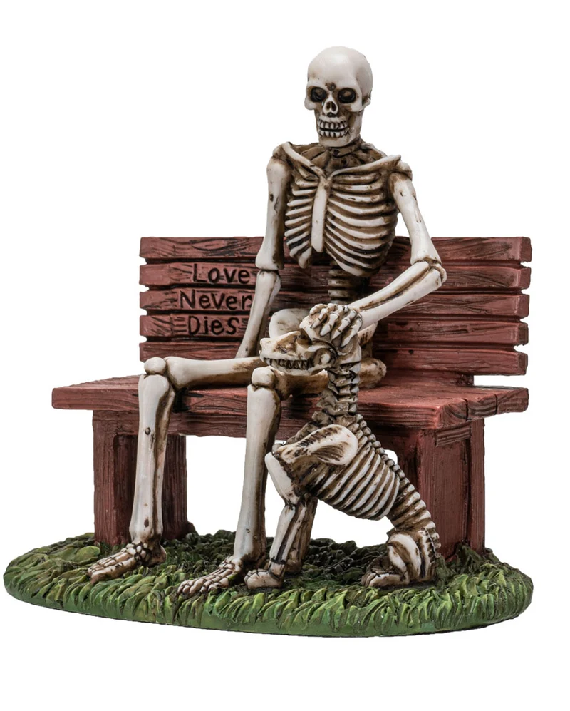 Skelett Figur auf Parkbank mit Hund 12cm
