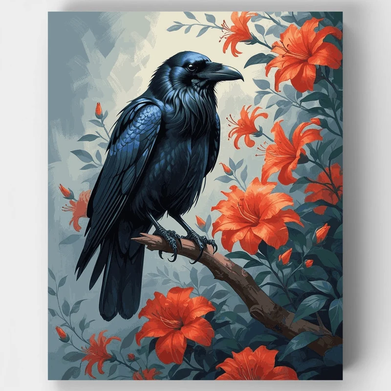 Raven with Orange Flowers - Paint by Numbers Kit