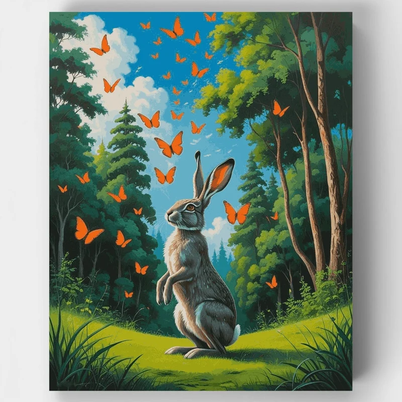 Hare Watching Orange Butterflies in Forest - Paint by Numbers Kit