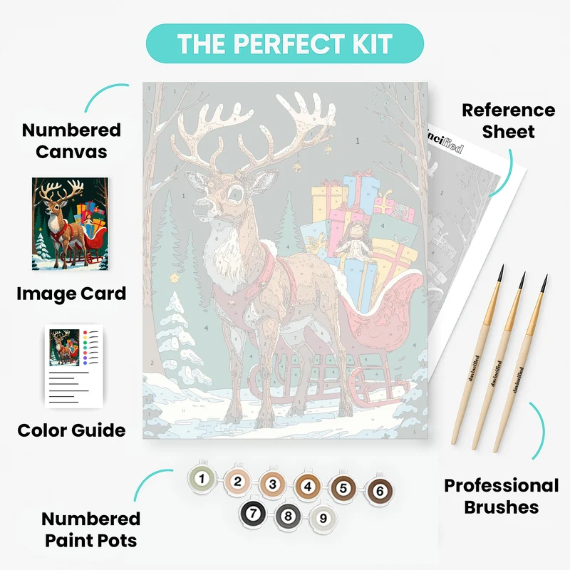 Festive Reindeer Pulling Christmas Sleigh - Paint by Numbers Kit
