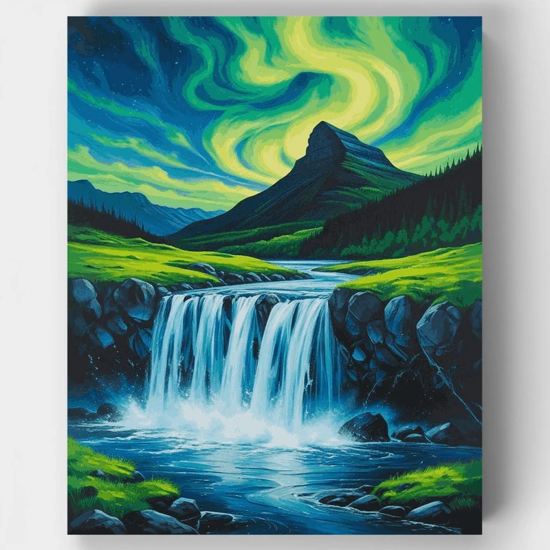 Aurora Over Mountain Waterfall - Paint by Numbers Kit