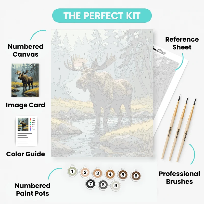 Majestic Moose in Misty Forest Stream - Paint by Numbers Kit