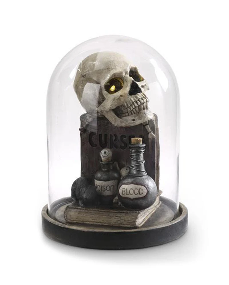 Halloween Glasglocke mit LED Totenkopf & Zauberbüchern 31cm