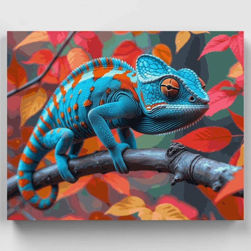 Vibrant Blue Chameleon in Autumn Foliage - Paint by Numbers Kit