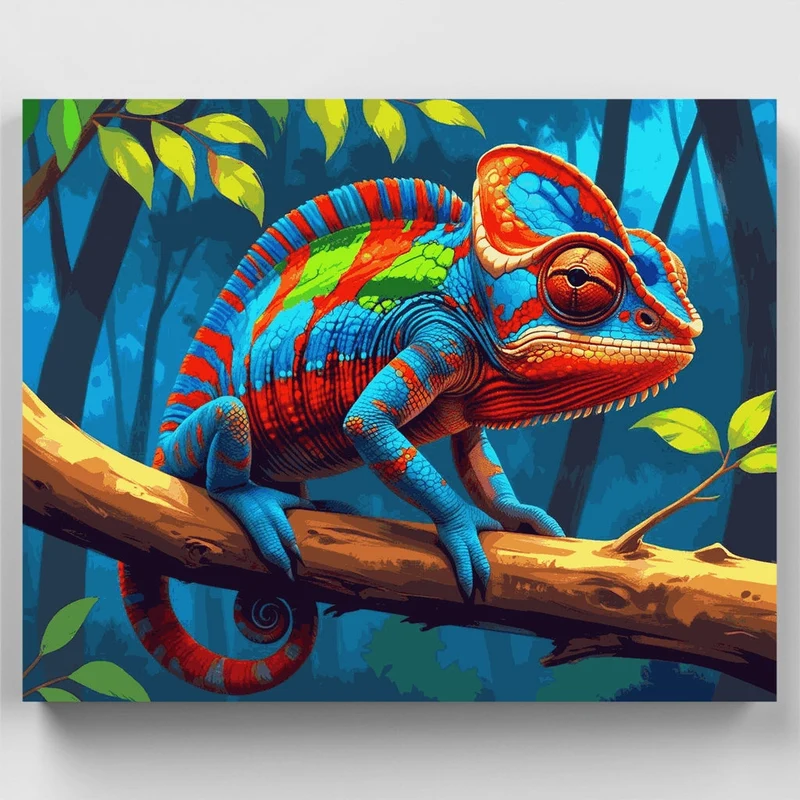 Colorful Chameleon in Blue Forest - Paint by Numbers Kit