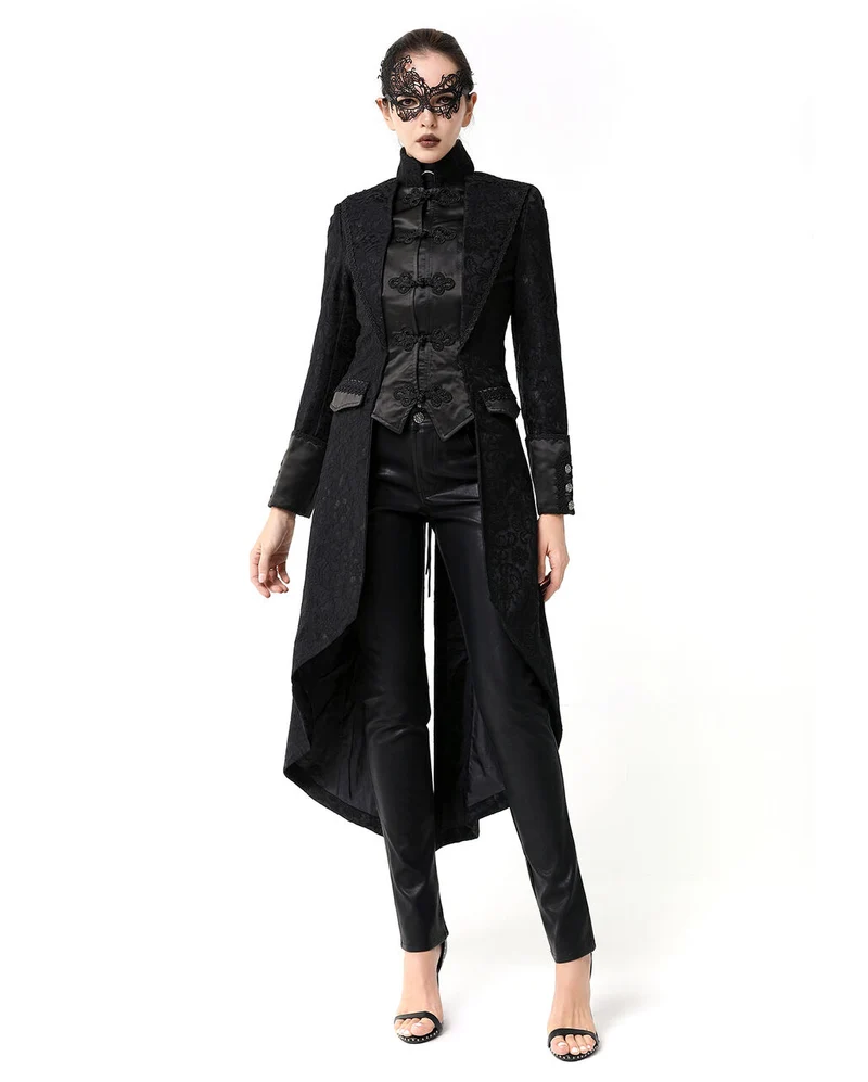 Schwarzer Gothic Damen-Langmantel mit Spitze
