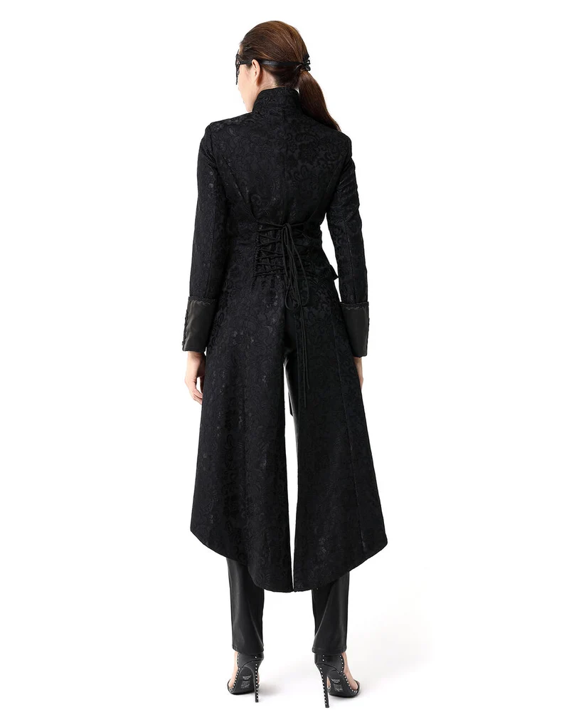 Schwarzer Gothic Damen-Langmantel mit Spitze
