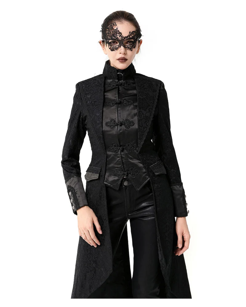 Schwarzer Gothic Damen-Langmantel mit Spitze