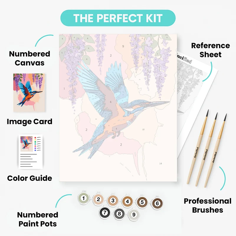 Kingfisher in Flight with Purple Wisteria - Paint by Numbers Kit