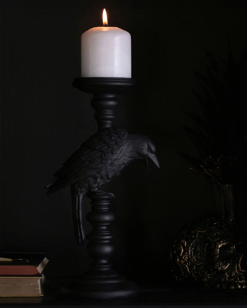 Gothic Kerzenständer mit schwarzer Krähe 29cm