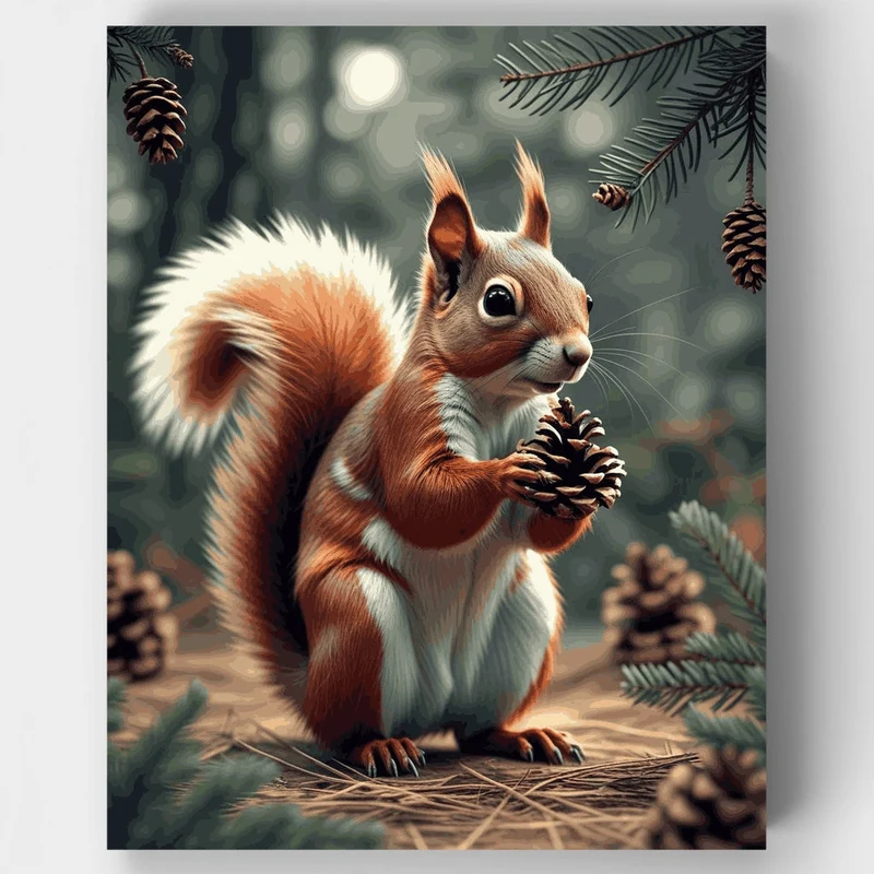 Squirrel Holding Pinecone in Winter Forest - Paint by Numbers Kit