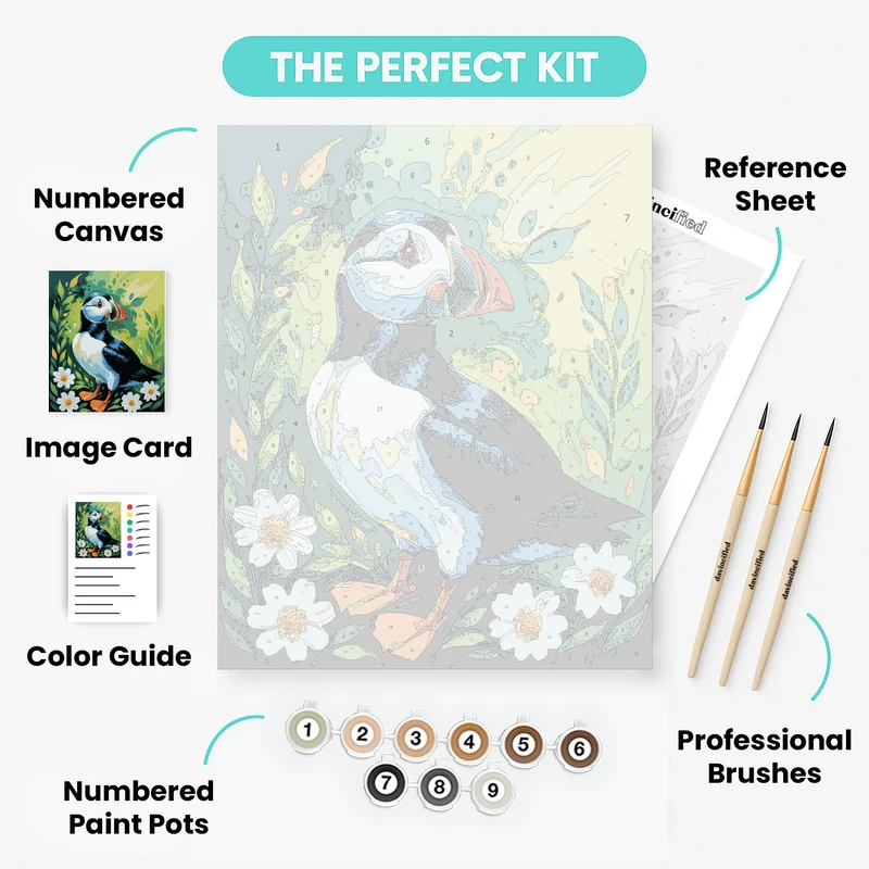 Vibrant Puffin in Blooming Garden - Paint by Numbers Kit