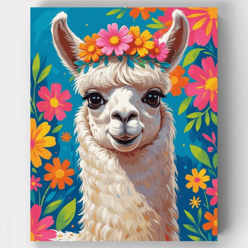 Whimsical Llama with Flower Crown - Paint by Numbers Kit