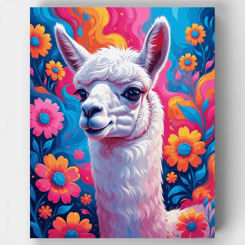 Whimsical White Alpaca with Vibrant Flowers - Paint by Numbers Kit