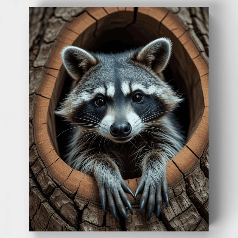 Curious Raccoon Peeking from Tree Hollow - Paint by Numbers Kit