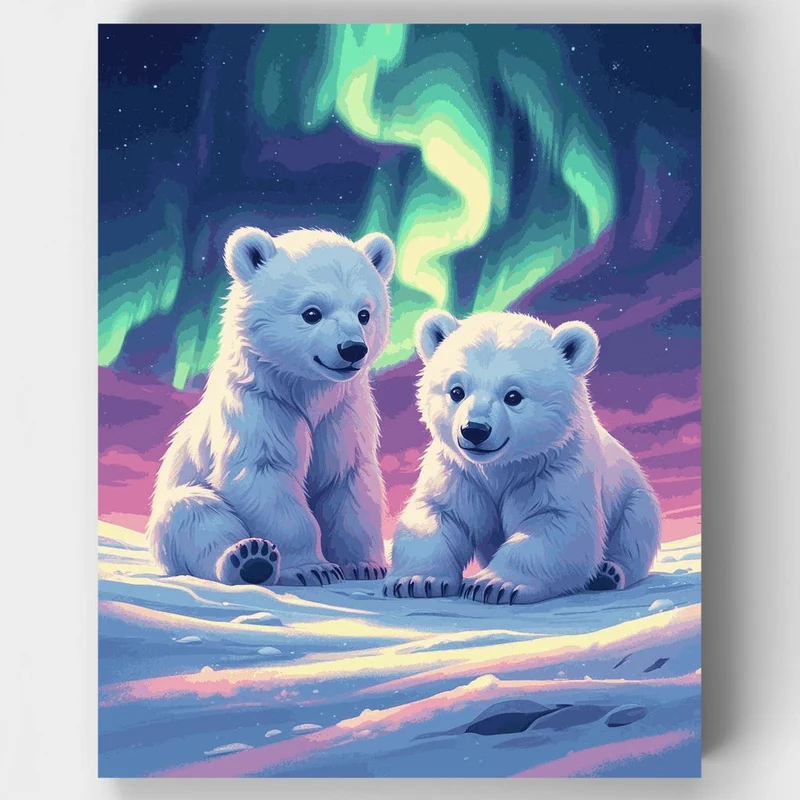 Polar Bear Cubs Under Aurora Borealis - Paint by Numbers Kit