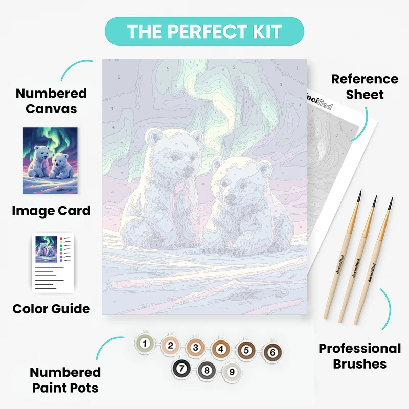 Polar Bear Cubs Under Aurora Borealis - Paint by Numbers Kit