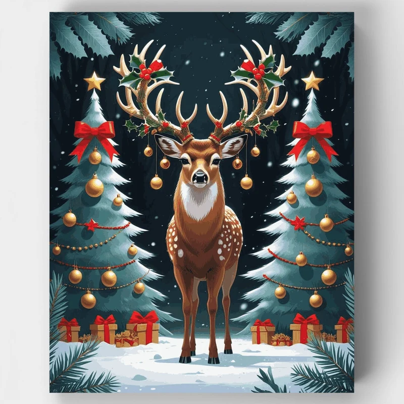 Festive Christmas Deer with Decorated Antlers - Paint by Numbers Kit