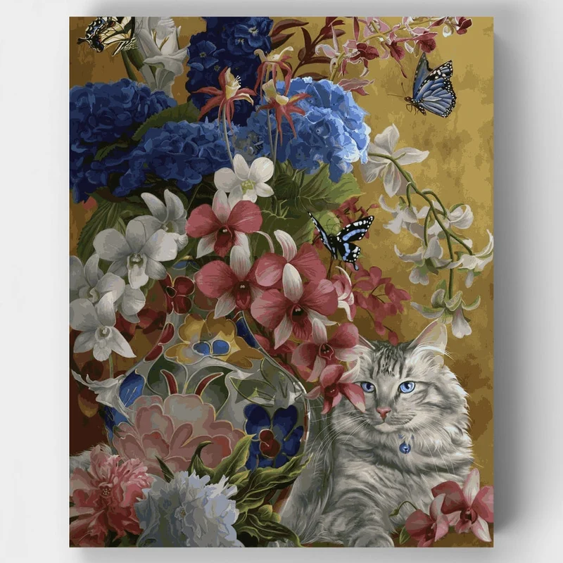 Gilded Cat and Flowers - Paint by Numbers Kit