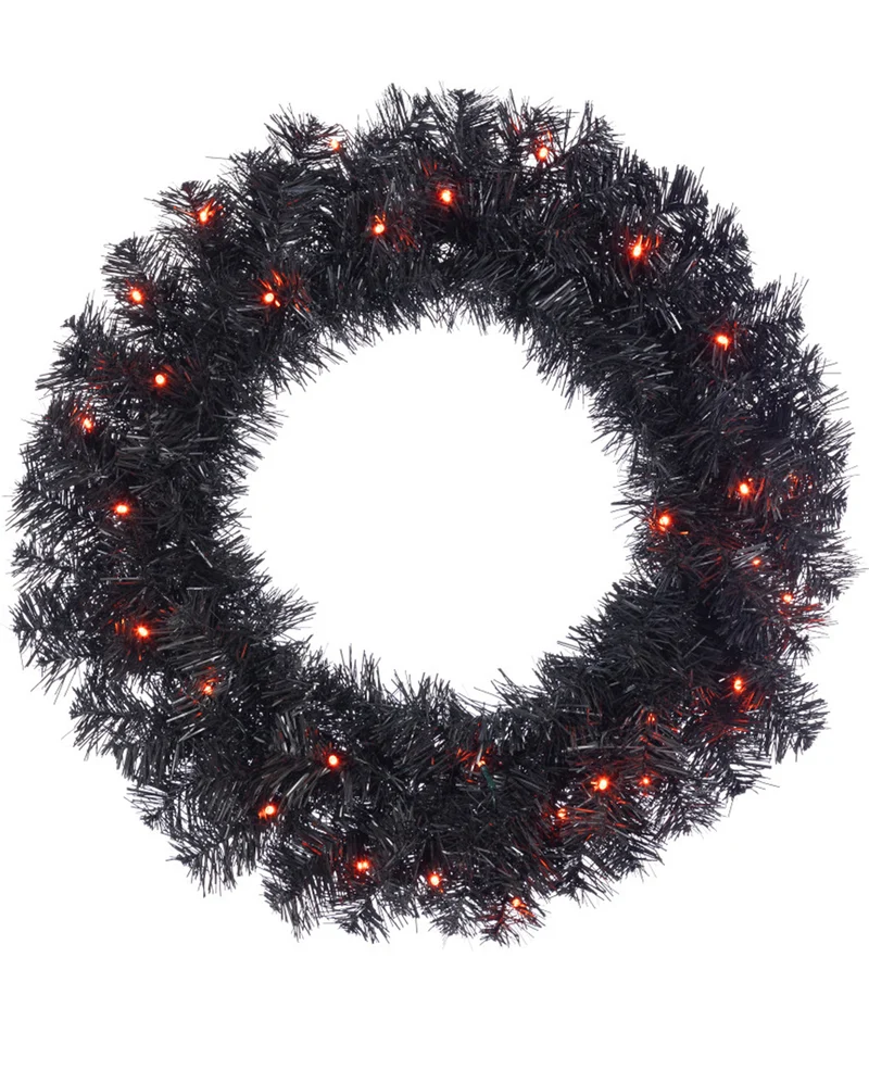 Schwarzer Halloween Kranz mit orangen LED 60cm
