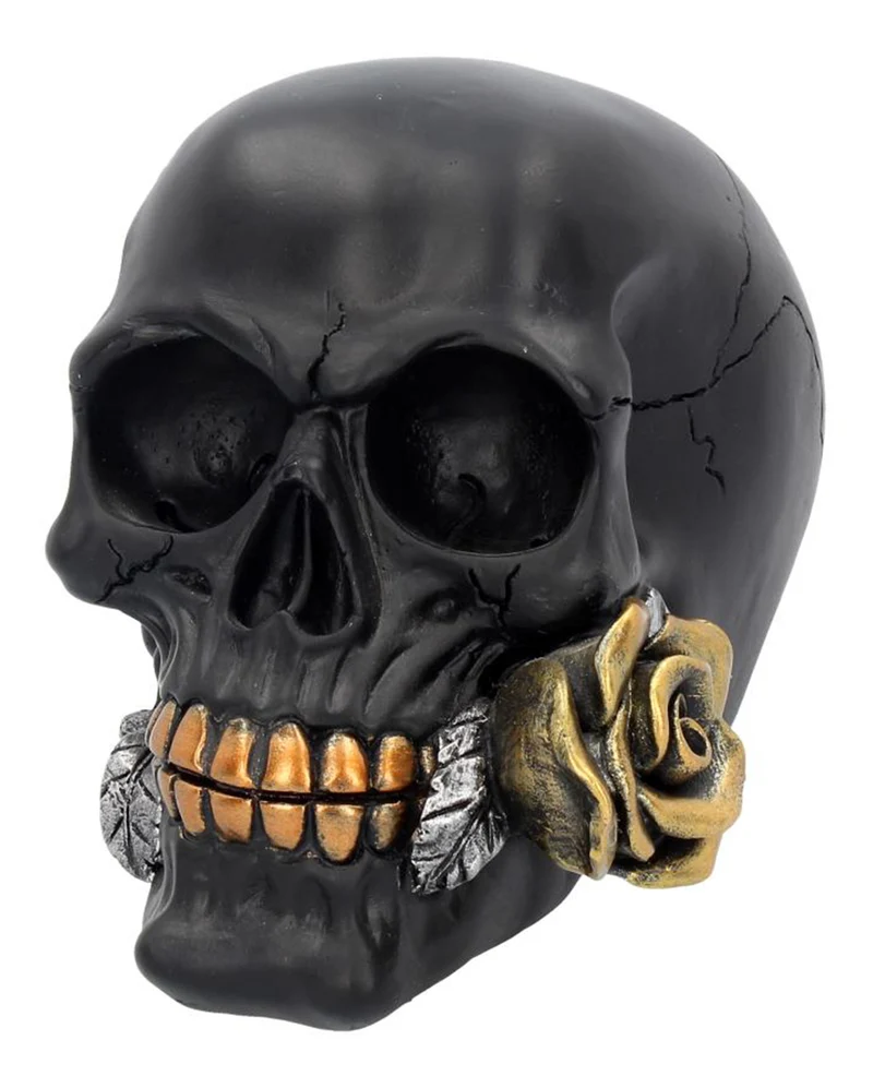 Schwarzer Totenkopf mit Goldener Rose 15cm