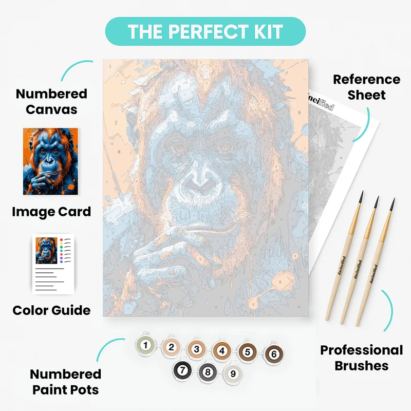 Thoughtful Orangutan in Blue and Orange - Paint by Numbers Kit
