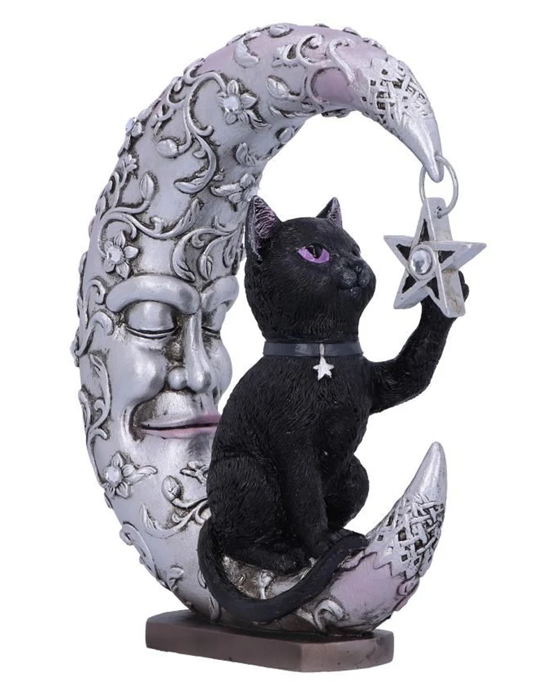 Schwarze Katze auf schlafendem Mond Figur 19cm