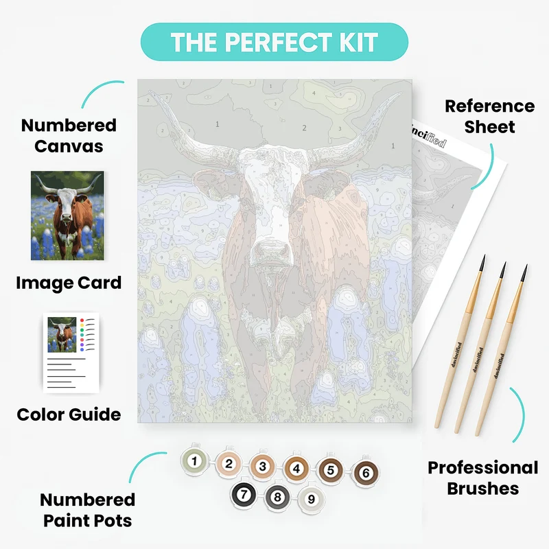 Longhorn Cow in Bluebonnet Field - Paint by Numbers Kit