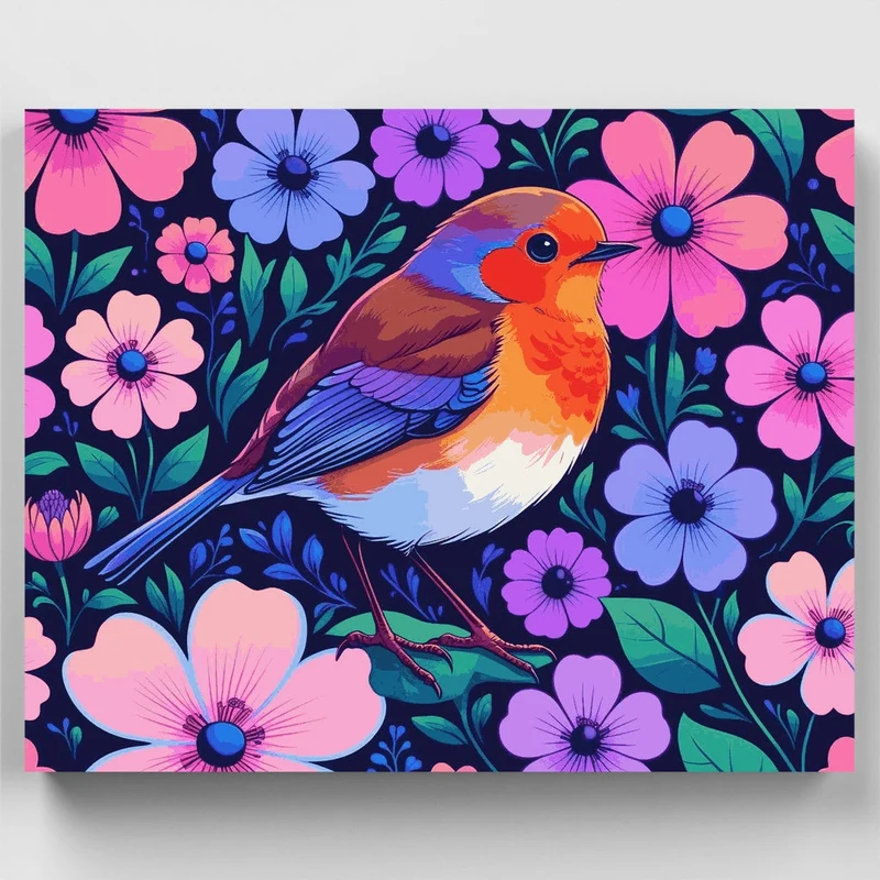 Vibrant Robin in Floral Garden - Paint by Numbers Kit