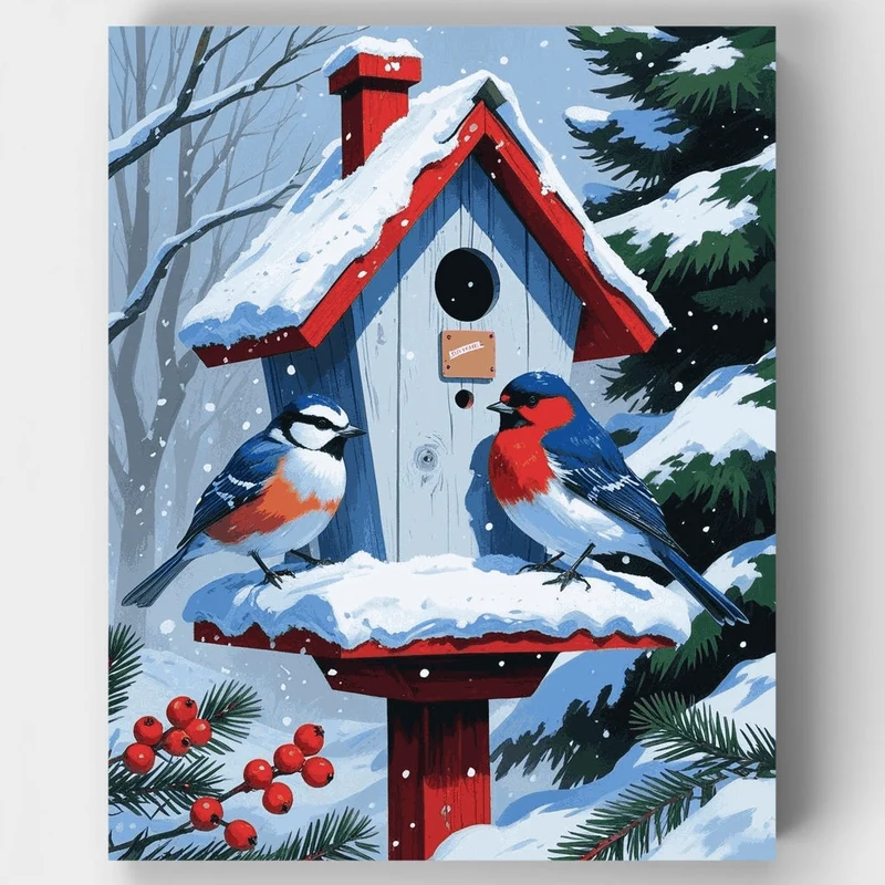 Snowy Birdhouse Visitors - Paint by Numbers Kit