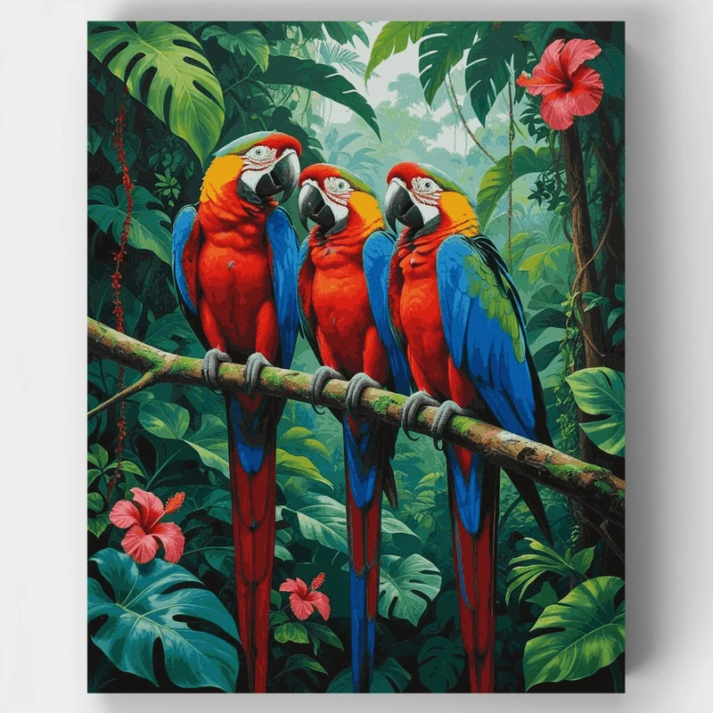 Three Macaws in Tropical Jungle - Paint by Numbers Kit