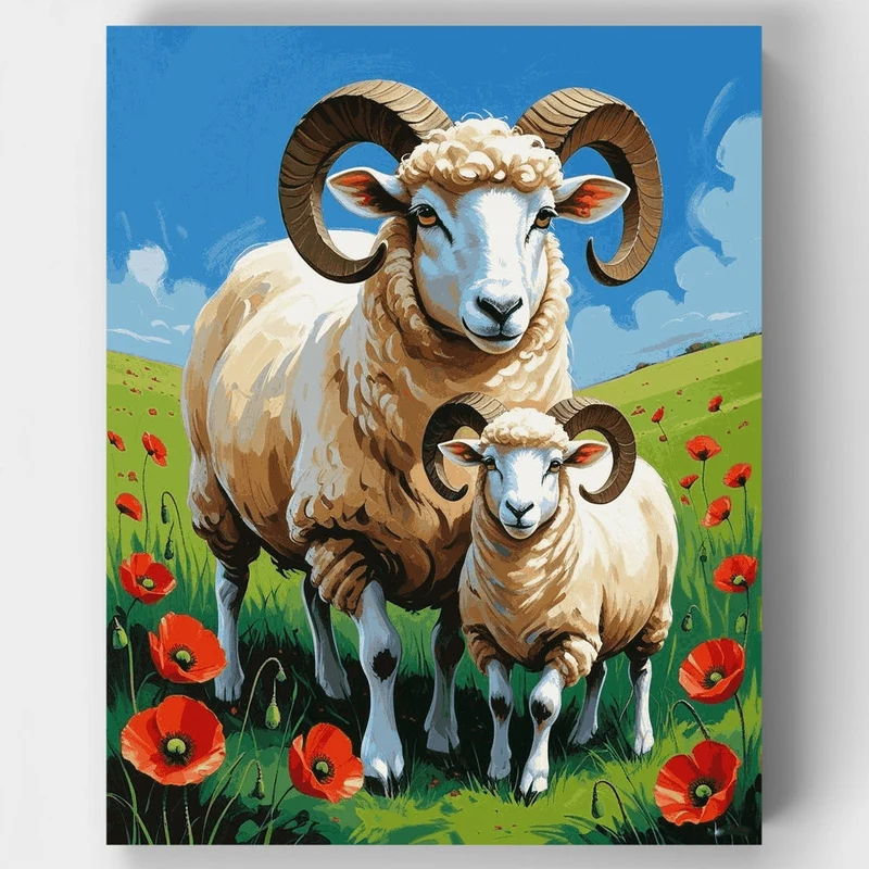 Ram and Lamb in Poppy Field - Paint by Numbers Kit