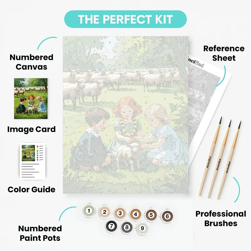 Children with Lamb in Pastoral Meadow - Paint by Numbers Kit