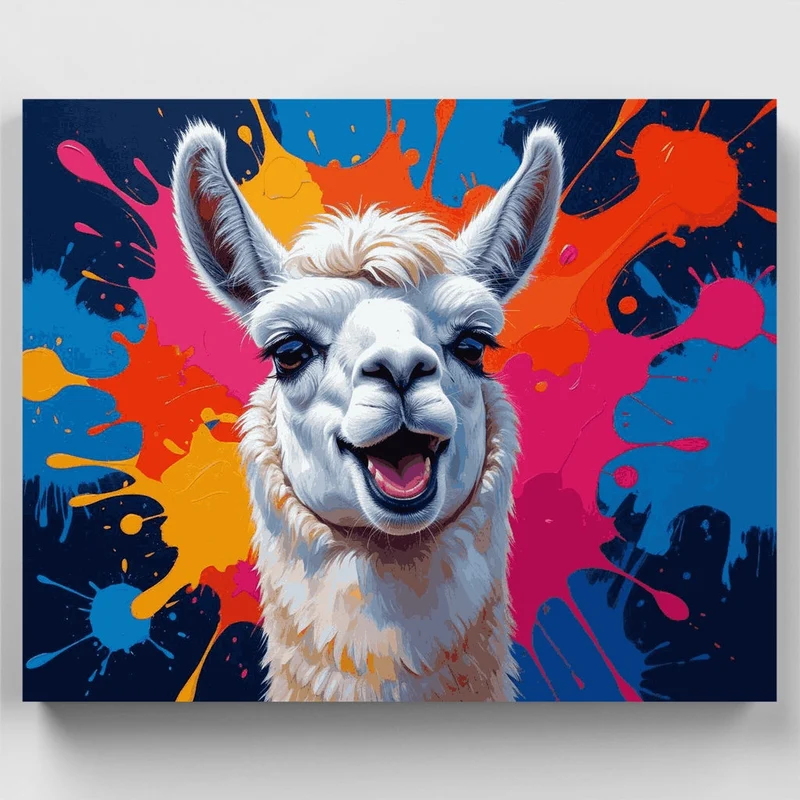 Happy Alpaca with Colorful Paint Splashes - Paint by Numbers Kit