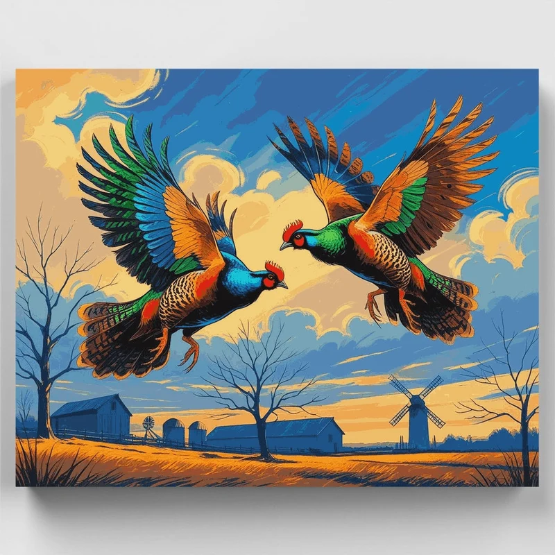 Flying Pheasants Over Farm Landscape - Paint by Numbers Kit