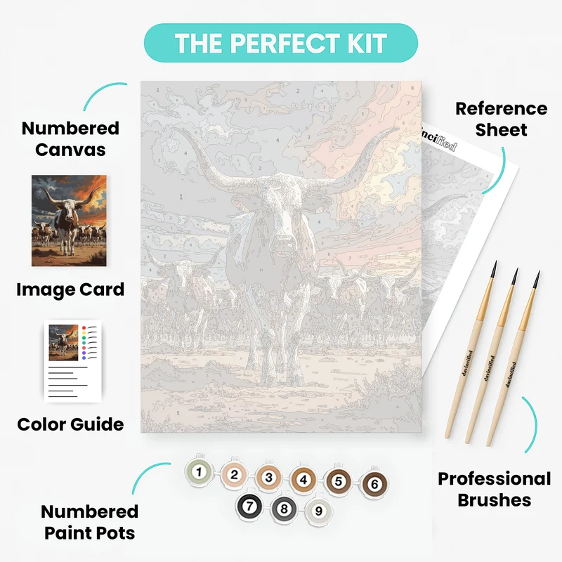 Majestic Longhorn Herd at Sunset - Paint by Numbers Kit
