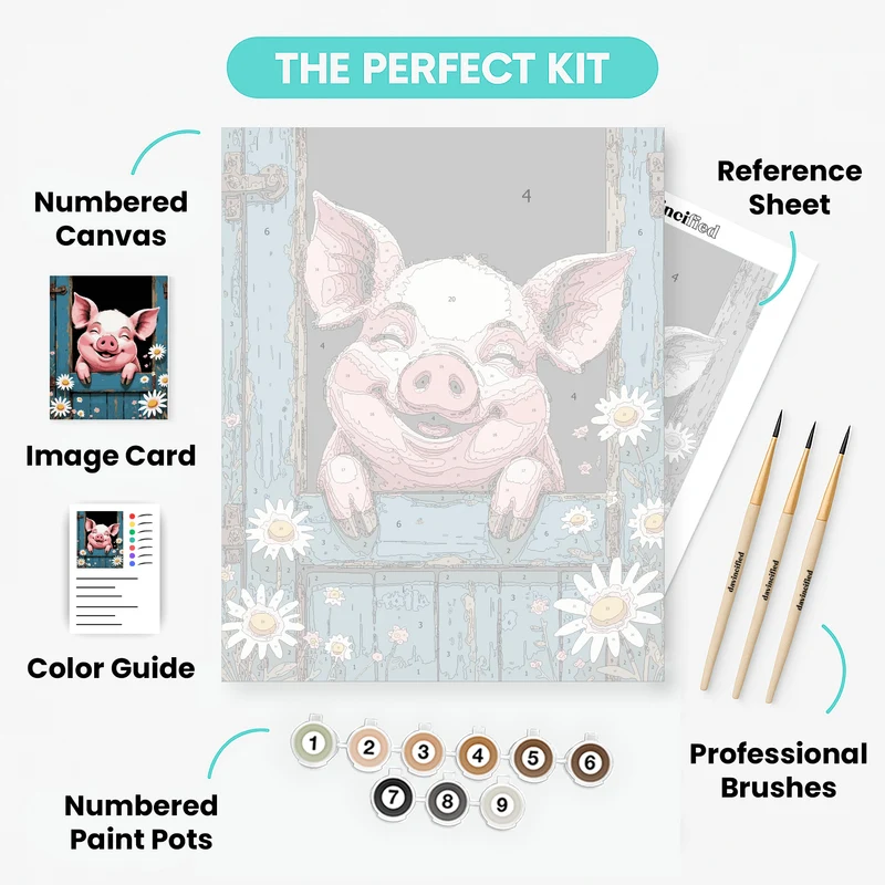 Happy Pig in Blue Barn Window - Paint by Numbers Kit