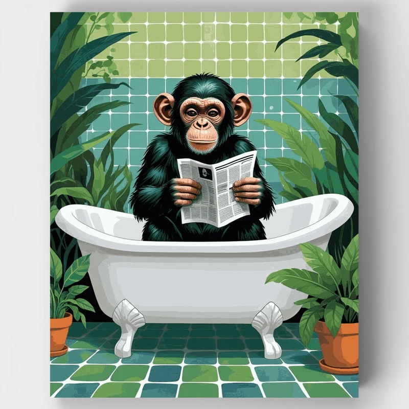 Chimpanzee Reading in Bathtub - Paint by Numbers Kit