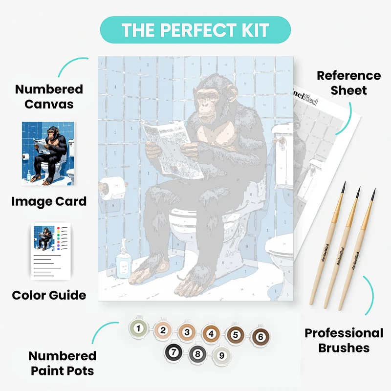 Chimpanzee Reading Newspaper in Bathroom - Paint by Numbers Kit