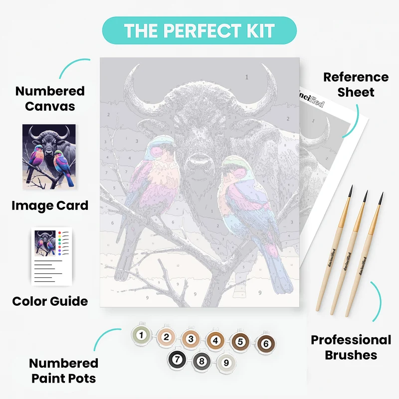 Buffalo with Colorful Birds - Paint by Numbers Kit